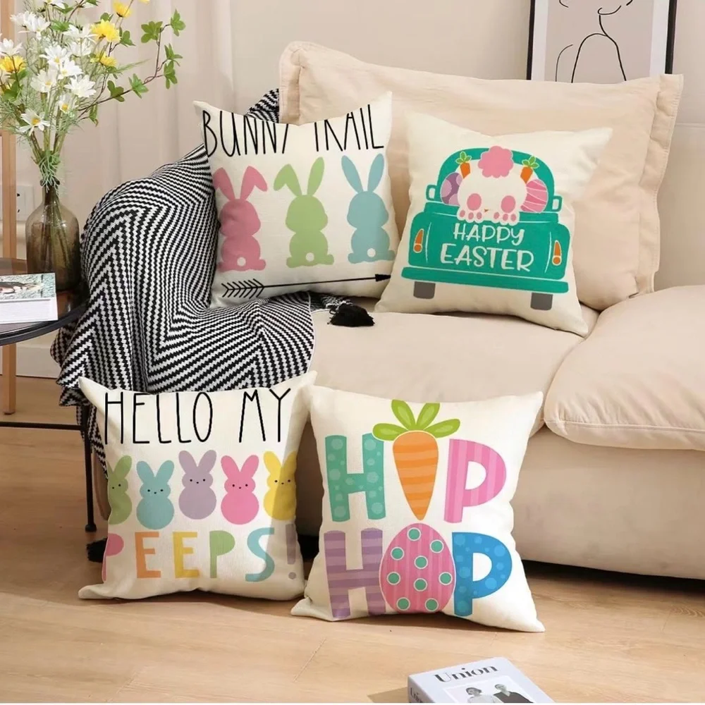 Easter Bunny Holiday Throw Pillow Covers - 18”x18” Set of 4